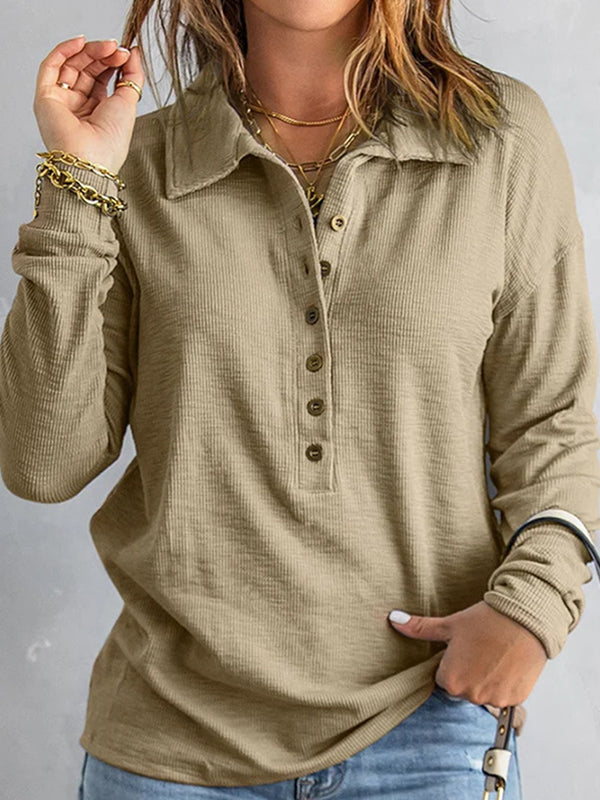Buttoned Solid Color Split-Joint Long Sleeves Loose Lapel T-Shirts Tops