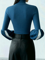 Contrast Color Long Sleeves Puff Sleeves High Neck Pullovers