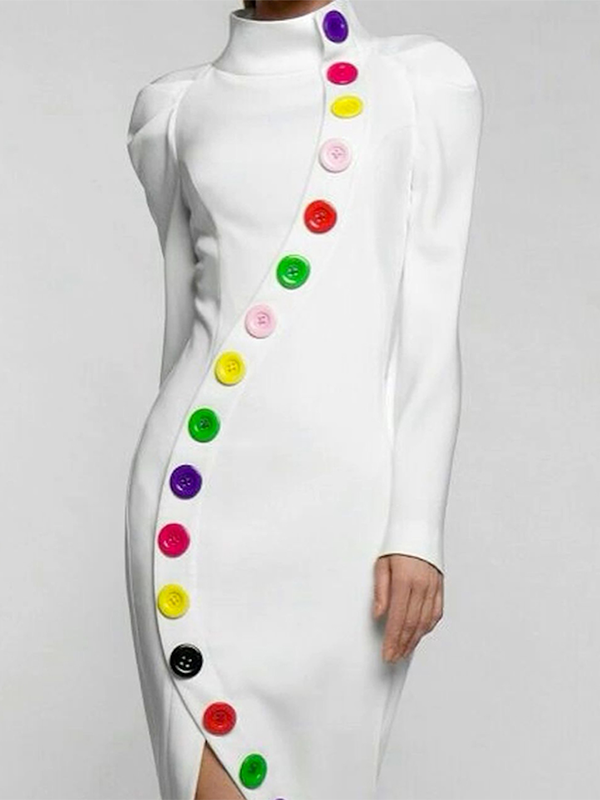 Buttoned Contrast Color Long Sleeves High Neck Midi Dresses
