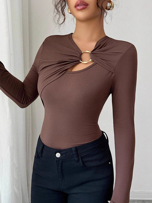 Solid Color Split-Joint Long Sleeves Skinny Asymmetric Collar T-Shirts