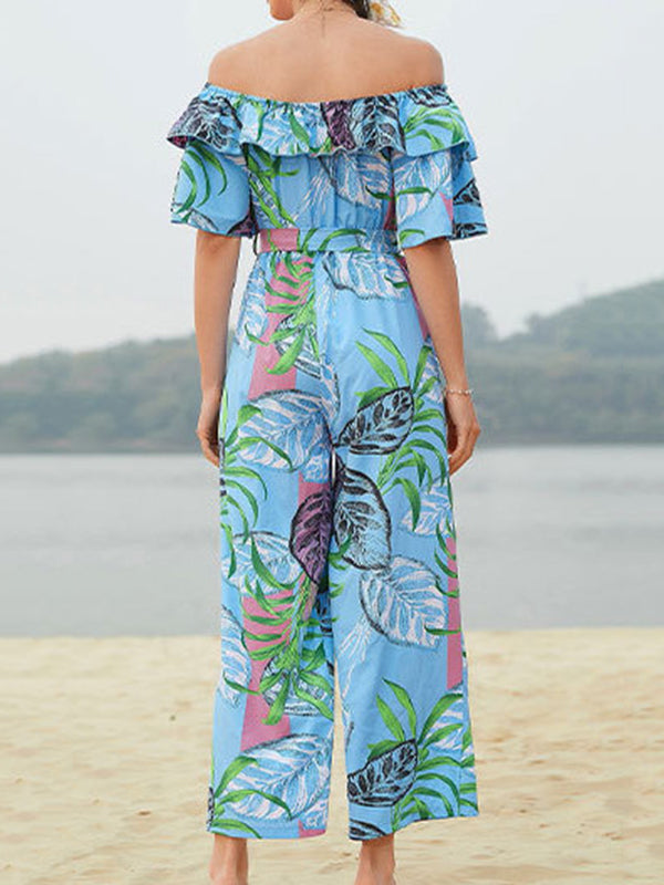 Elasticity Leaves Print Ruffled Tied Waist Half Sleeves Loose Off-The-Shoulder Jumpsuits