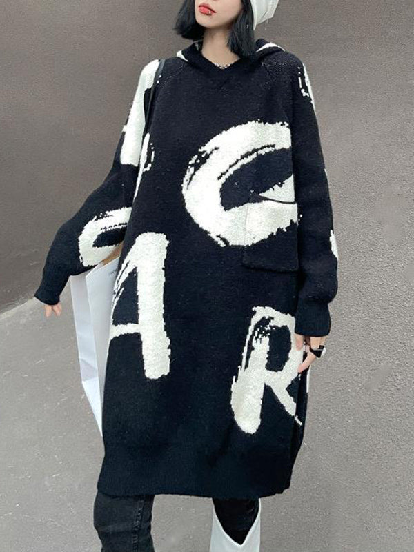 Stylish Selection Loose Hooded Letter Print Mini Dresses Sweater Dresses