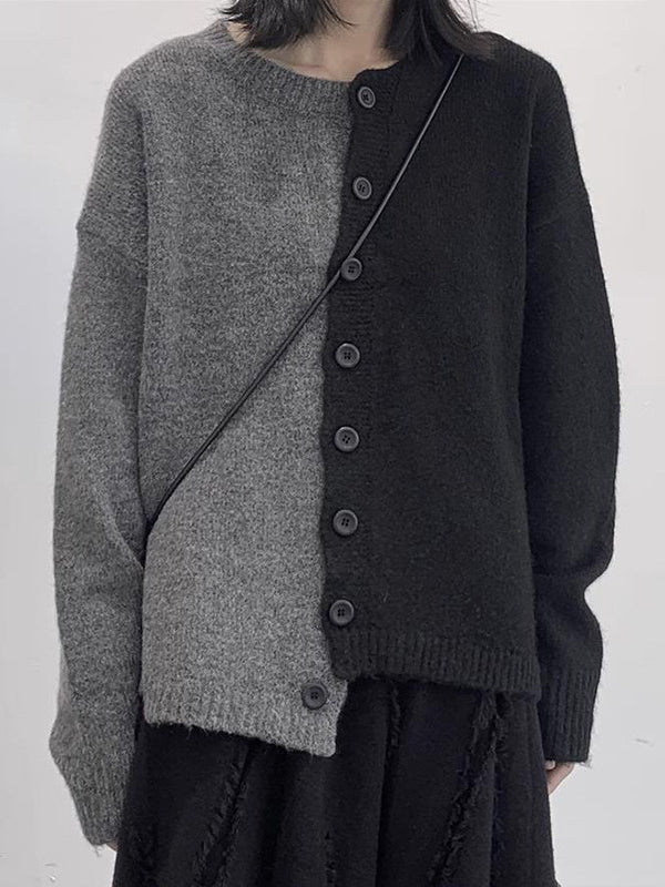 Asymmetric Buttoned Contrast Color Split-Joint Long Sleeves Loose Round-Neck Cardigan Tops