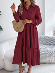 Pleated Ruffled Solid Color High Waisted Long Sleeves Lapel Shirt Dress Midi Dresses
