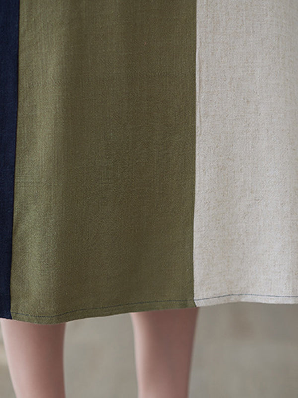 Contrast Color Half Sleeves Loose Round-neck Midi Dresses
