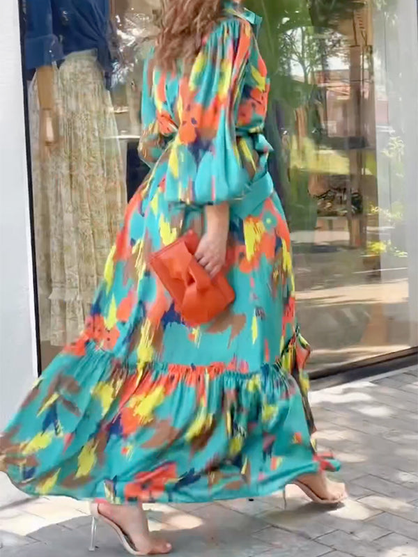 Printed Long Sleeves Loose Lapel Collar Maxi Dresses