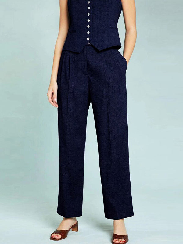 Solid Color Buttoned Deep V-Neck Sleeveless  Vest Top + Pleated Straight Leg Pants Bottom Two Pieces Set