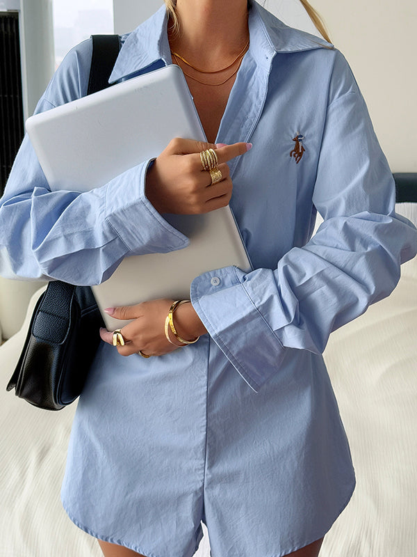 Buttoned Pleated Solid Color Split-Joint High Waisted Long Sleeves Lapel Rompers