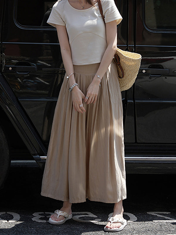 Pleated Solid Color Split-Joint High Waisted Wide Leg Pants