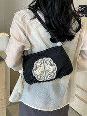 Embroidered Pleated Tasseled Zipper Crossbody Bags