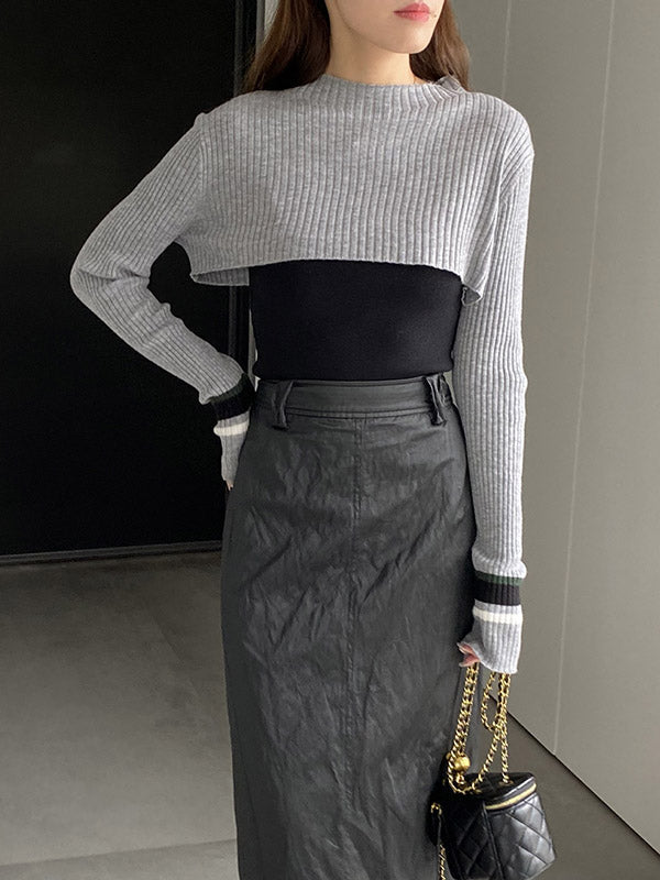 Contrast Color Long Sleeves Loose Round-Neck Two Pieces Set Cover-Ups Tops
