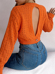 Backless Buttoned Hollow Solid Color Split-Joint Long Sleeves Loose Round-Neck Sweater Tops Pullovers