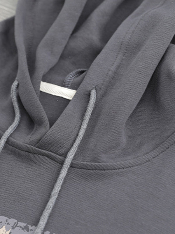 Drawstring Printed Long Sleeves Loose Hoodies Tops