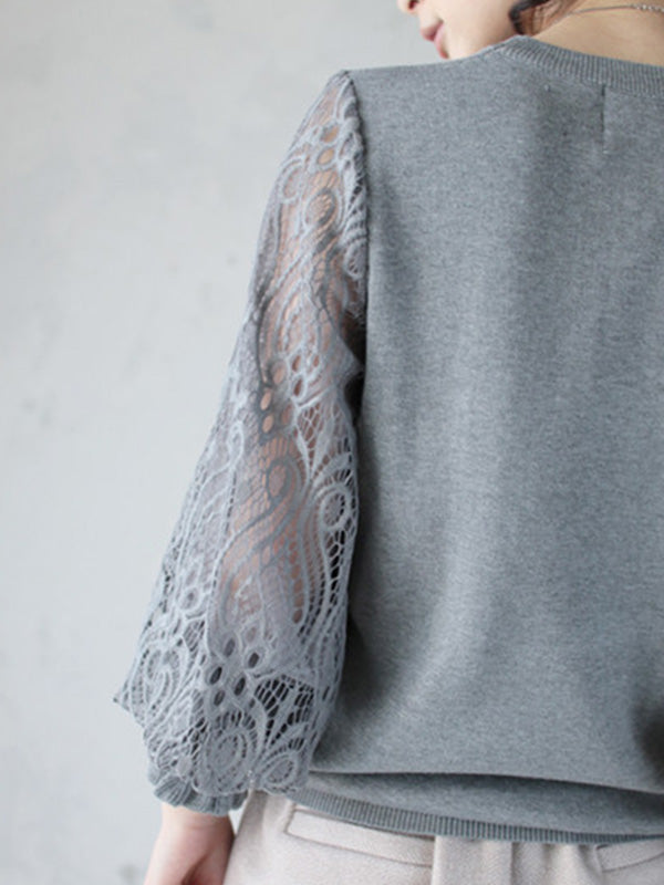 Original Loose Hollow Lace Round-Neck Long Puff Sleeves Sweater Pullovers