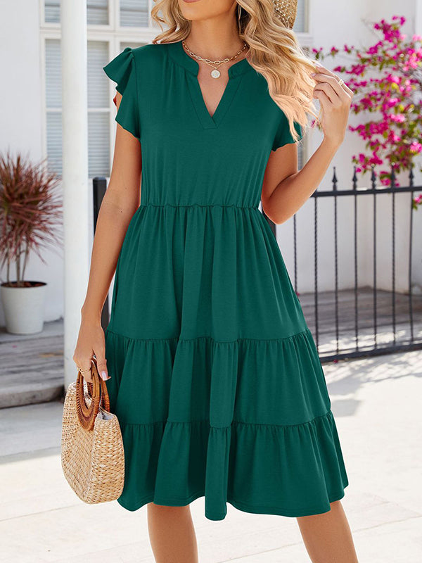 Pleated Pockets Solid Color Split-Joint Loose Ruffle Sleeves V-Neck Midi Dresses