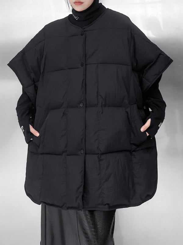 Buttoned Solid Color Batwing Sleeves Half Sleeves Round-Neck Padded Vest