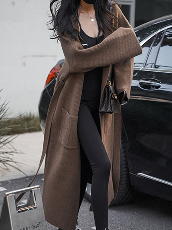 Pockets Solid Color Tied Waist Long Sleeves Loose Notched Collar Cardigan Coats
