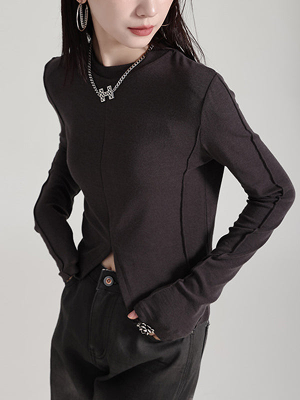 Solid Color Split-front Long Sleeves Skinny Round-neck T-Shirts Tops