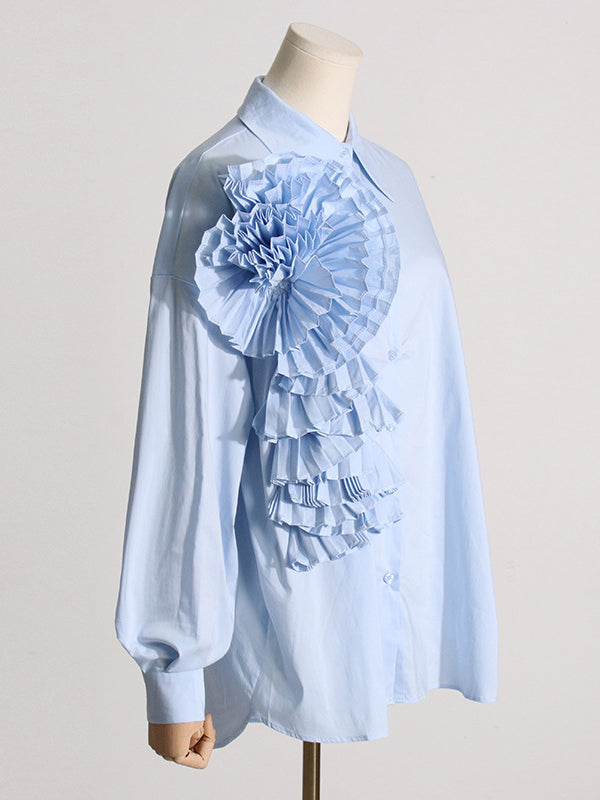 Asymmetric Buttoned Pleated Solid Color Split-Joint Three-Dimensional Flower Long Sleeves Loose Lapel Blouses&Shirts Tops