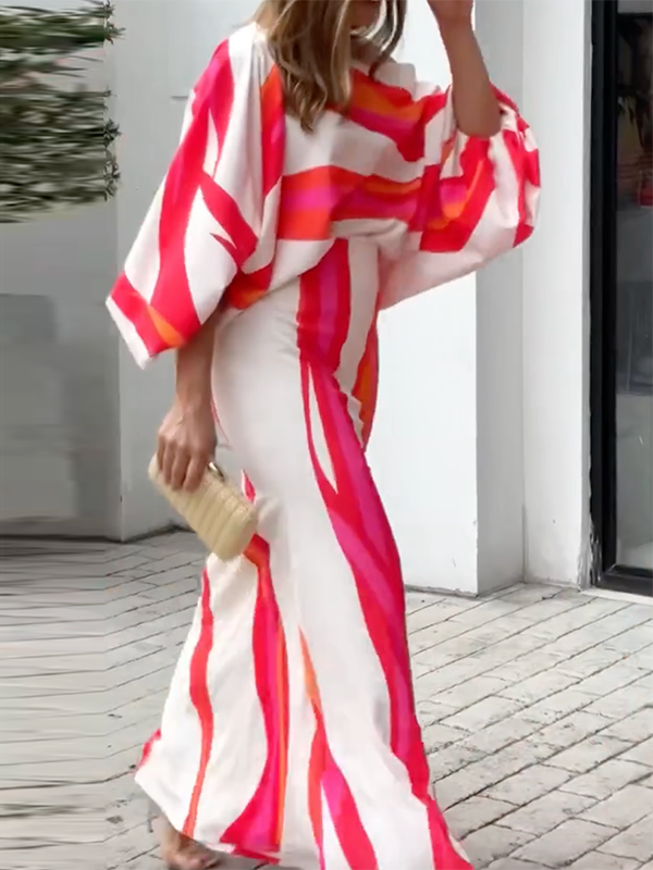 Batwing Sleeves Loose Contrast Color High-Waisted Printed Zipper Blouses Skirt Set Skirts Two Pieces Set