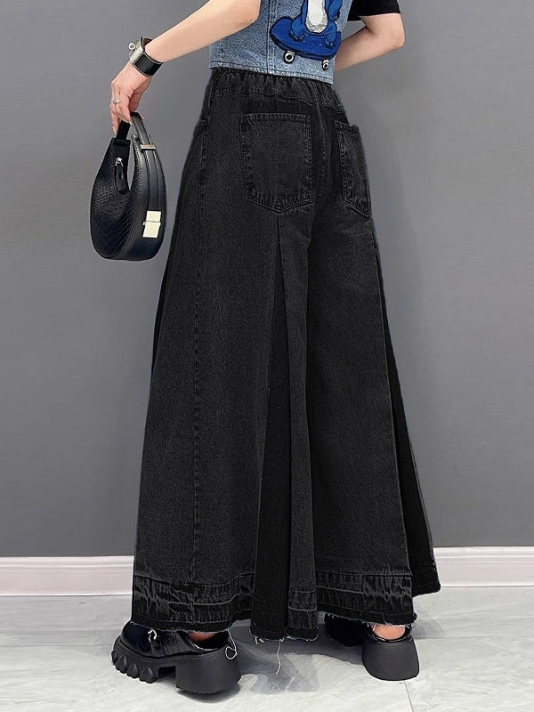 Contrast Color Drawstring Fringed Pockets Loose Wide Leg Jean Pants Bottoms