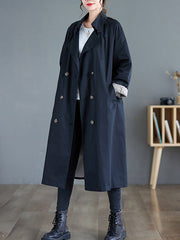 Buttoned Pockets Long Sleeves Loose Notched Collar Trench Coats