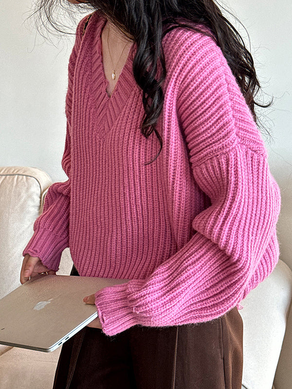Hollow Solid Color Long Sleeves Loose V-Neck Sweater Tops Pullovers