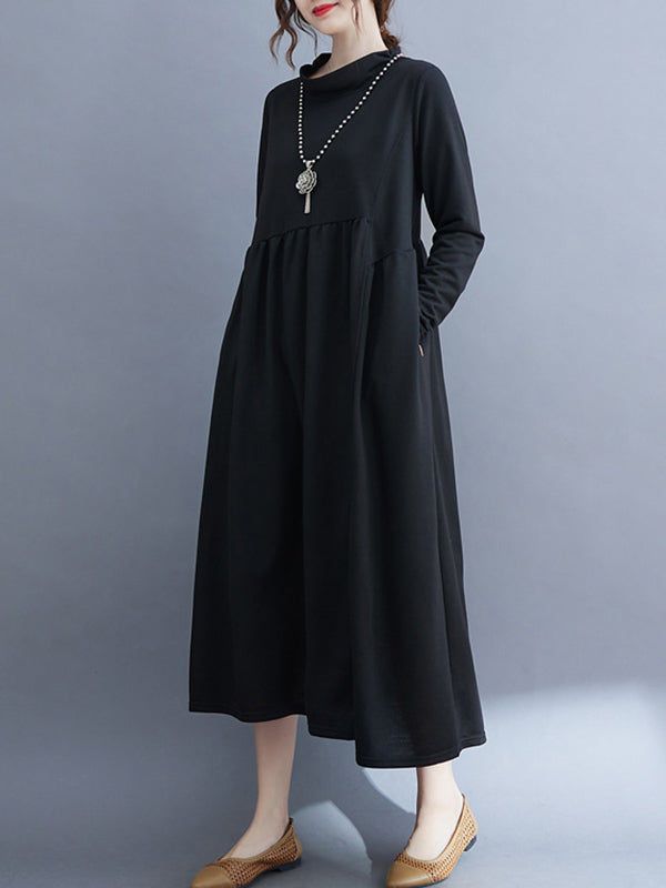 Casual Loose Long Sleeves Solid Color Stand Collar Midi Dresses