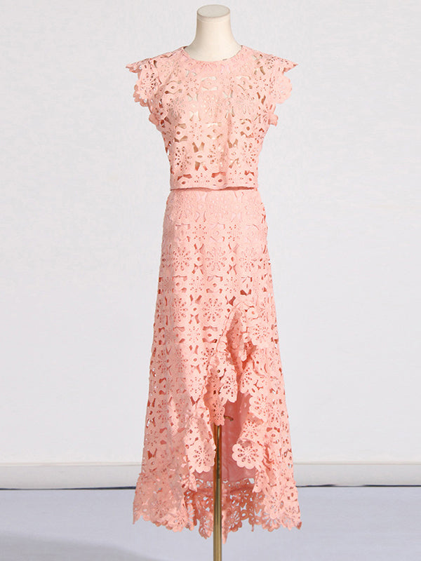 Jacquard Solid Color Flower Print Hollow Round-Neck Vest Top + Ruffle Trim Bodycon High-Low Skirts Bottom Two Pieces Set