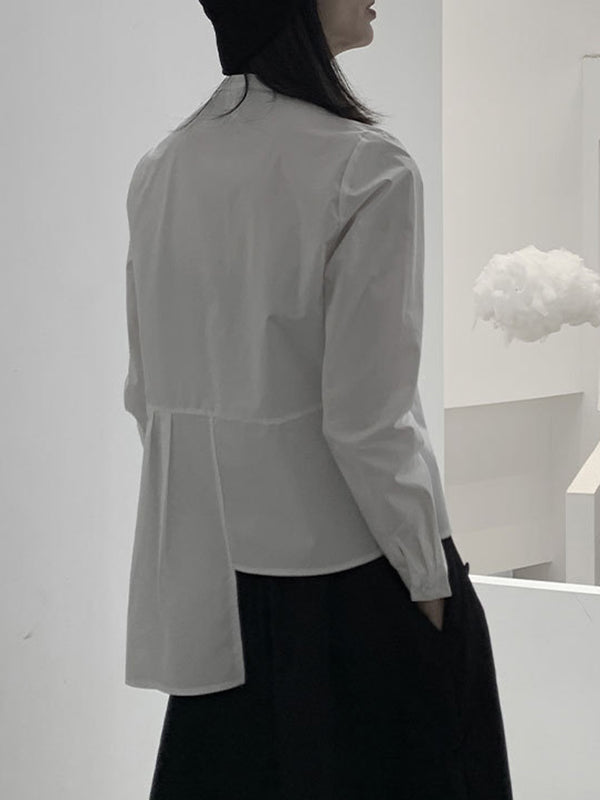 Asymmetric Buttoned Pleated Solid Color Long Sleeves Round-Neck Blouses&Shirts Tops