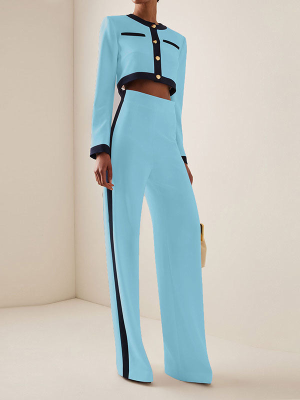 Buttoned Split-Joint Long Sleeves Round-Neck Blouses&Shirts Tops + High Waisted Pants Bottom Two Pieces Set