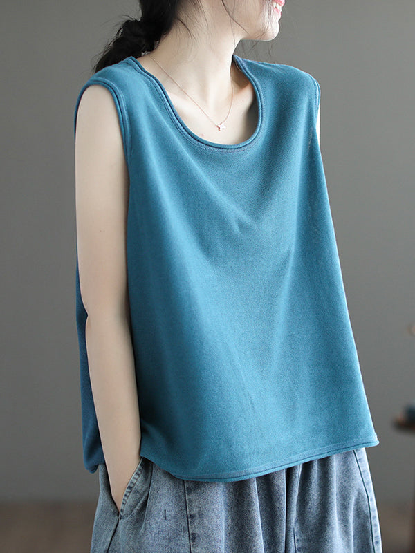 Solid Color Loose Sleeveless Round-neck Knitting Vest Top