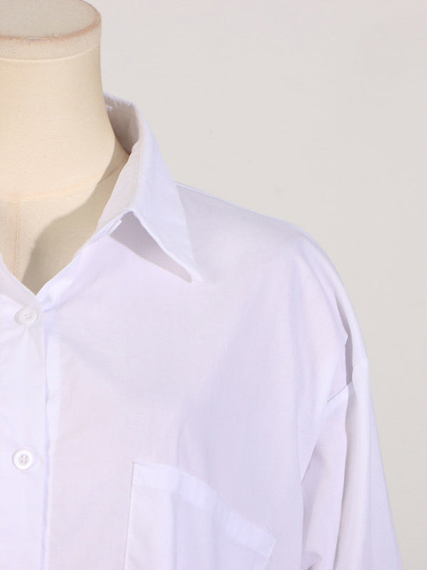 See-Through Solid Color Split-Joint Split-Side Long Sleeves Loose Lapel Shirt Dress Maxi Dresses