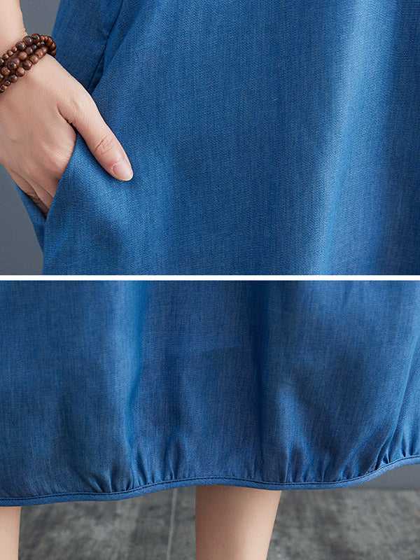 Simple Denim Blue Round-Neck Buttoned Sleeveless Midi Dress