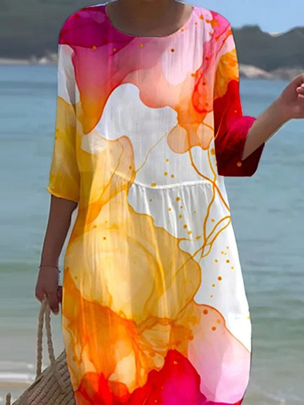 Floral Printed Pleated Split-Joint Loose Short Sleeves Round-neck Midi Dresses