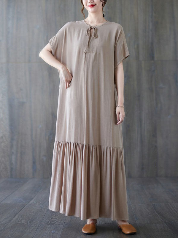 Lace-Up Pleated Solid Color Split-Joint Loose Short Sleeves Round-Neck Midi Dresses