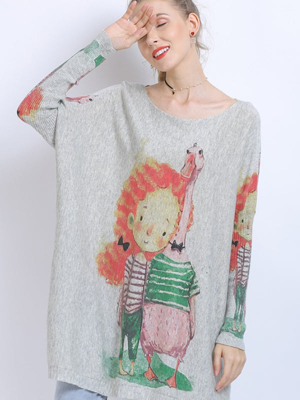 Urban Loose Batwing Sleeves Cartoon Printed Pullover