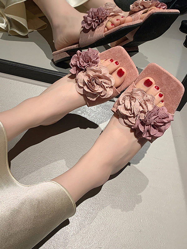 Flower Shape Open Toe Split-Joint Square-Toe Slippers&Mules