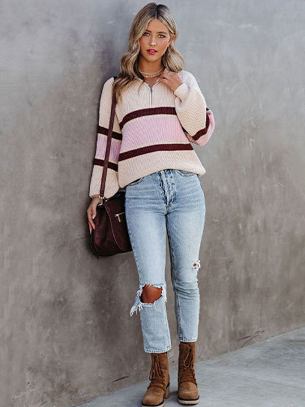 Stylish Loose Solid Color& Contrast Color Striped Lapel Collar Sweater Tops