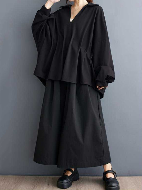 Pleated Solid Color Batwing Sleeves High-Low V-Neck Blouses&Shirts Tops