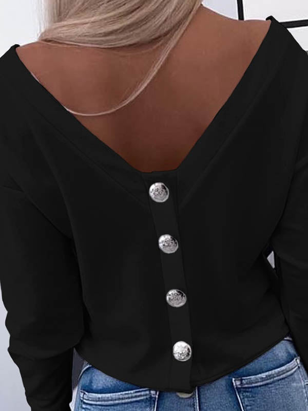 Buttoned Solid Color Long Sleeves Loose Round-Neck T-Shirts Tops