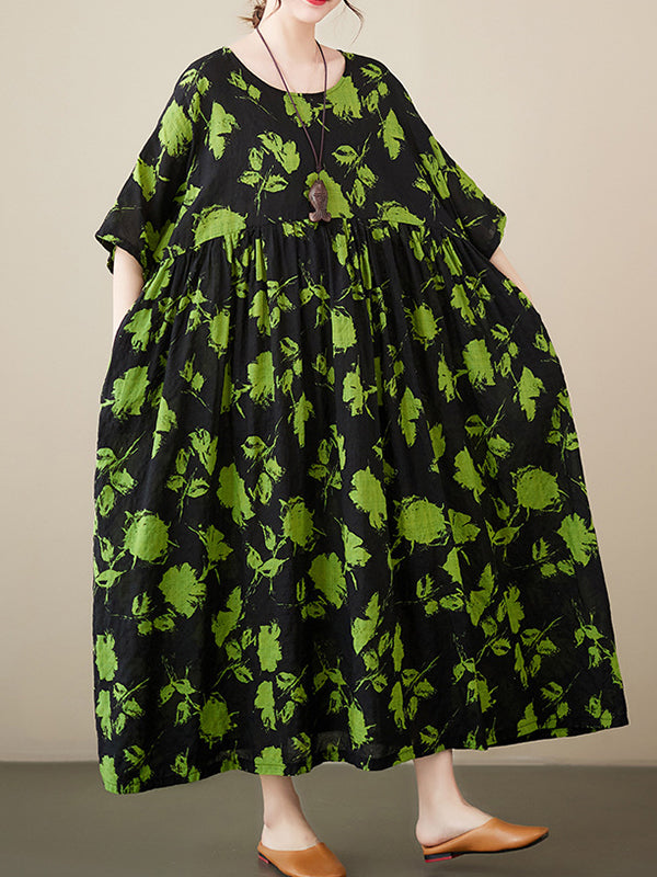 Floral Pleated Loose Round-neck Midi Dresses