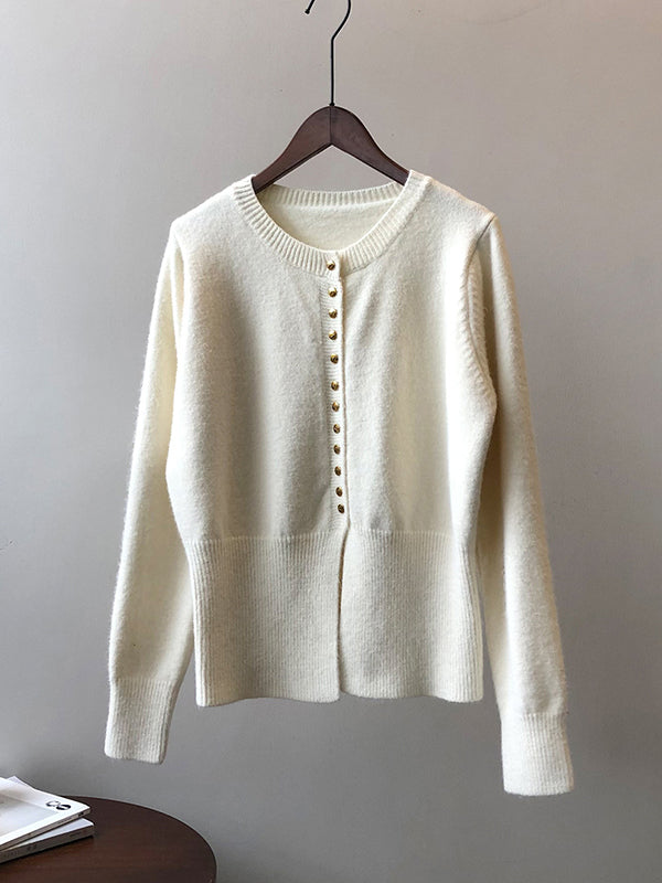 Elegant Long Sleeves Solid Color Round-Neck Cardigan Tops