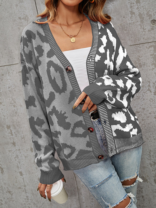 Buttoned Leopard Split-Joint Long Sleeves Loose V-Neck Cardigan Tops
