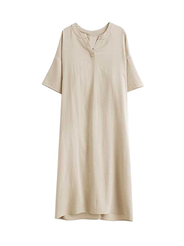 Knot Pockets Solid Color A-Line Loose V-Neck Midi Dresses