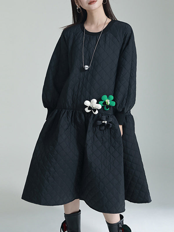 Pleated Quilted Split-Joint Long Sleeves Loose Round-Neck Midi Dresses