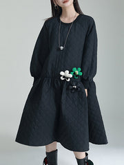 Pleated Quilted Split-Joint Long Sleeves Loose Round-Neck Midi Dresses