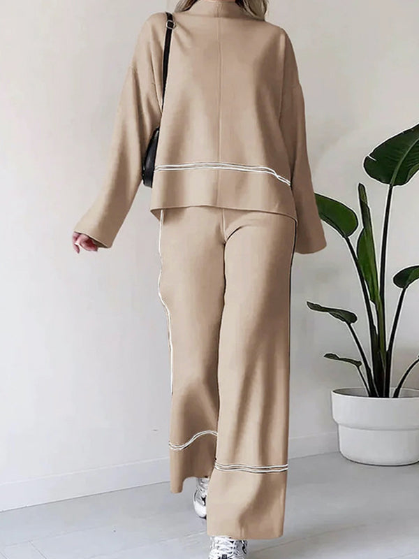 Contrast Color Split-Side High-Low Round-Neck Sweater Top + High Waisted Pants Bottom Two Pieces Set