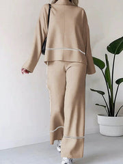 Contrast Color Split-Side High-Low Round-Neck Sweater Top + High Waisted Pants Bottom Two Pieces Set