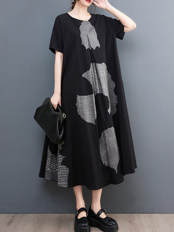 Printed A-Line Loose Round-Neck Midi Dresses